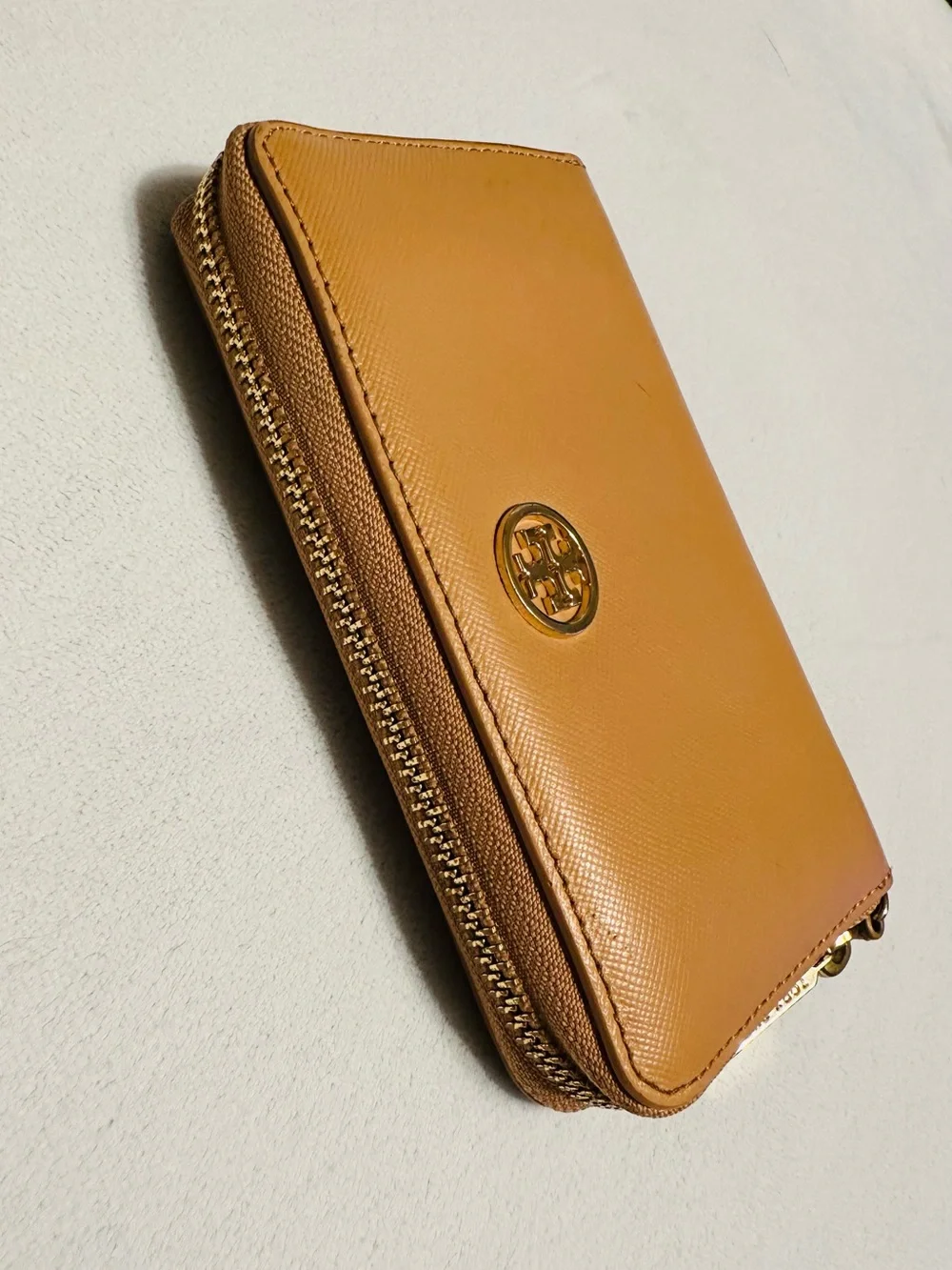 Tory Burch Beige Saffiano Leather Zip Card Holder